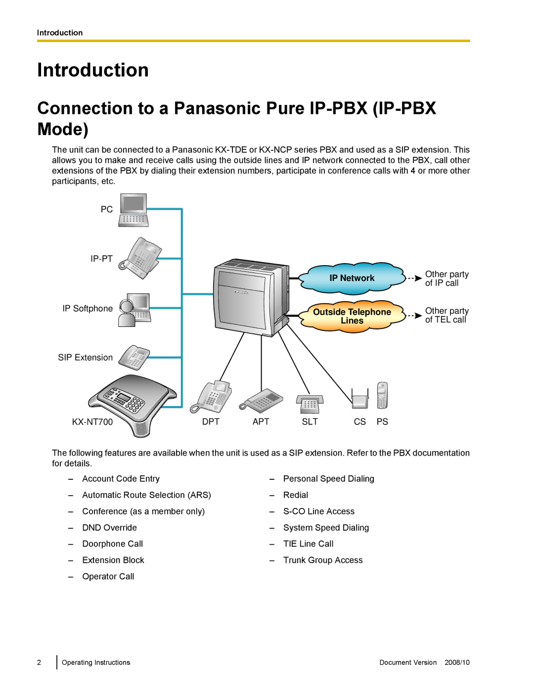 Panasonic KX-NT700 operating instructions Connection to a Panasonic Pure IP-PBX IP-PBX Mode, Outside Telephone, Lines 