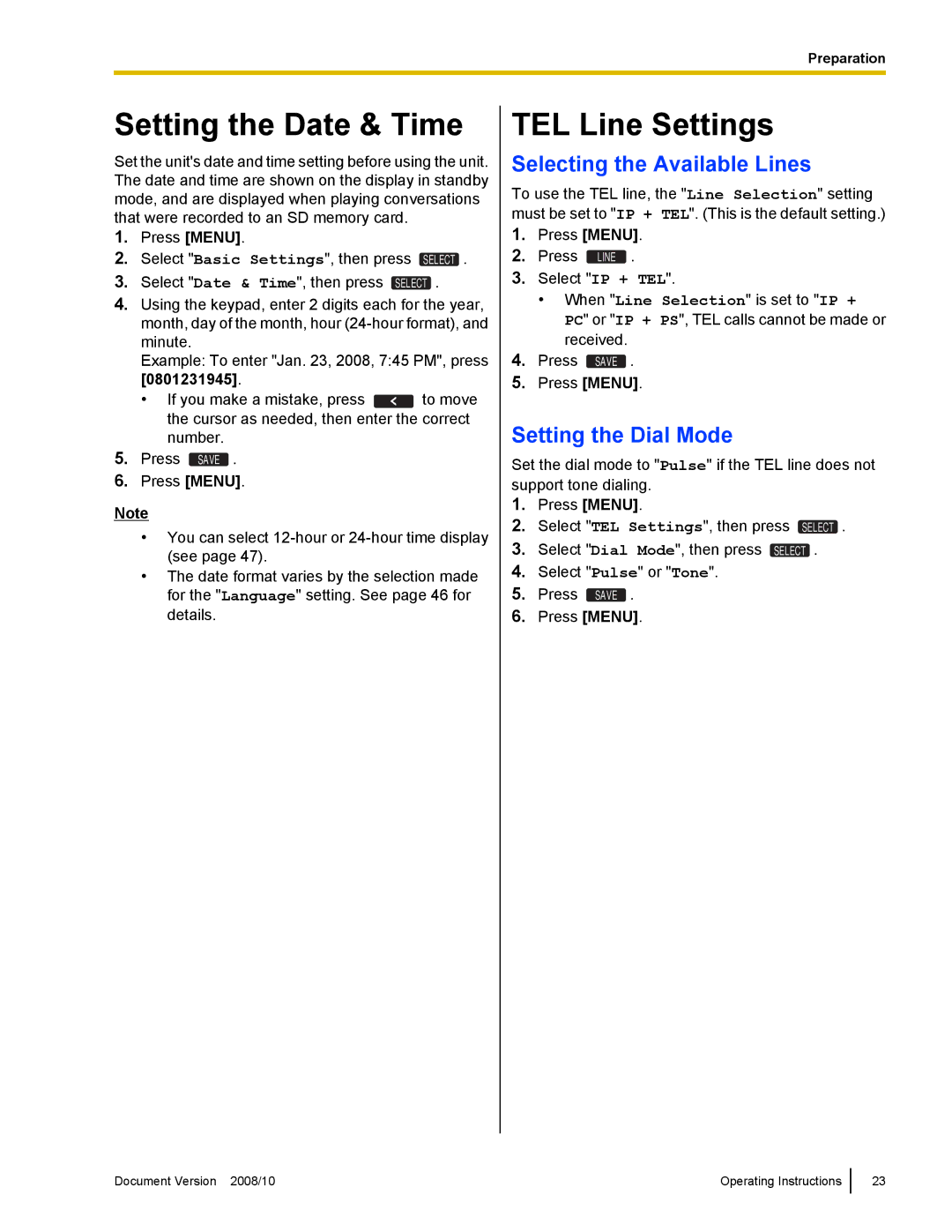 Panasonic KX-NT700 Setting the Date & Time, TEL Line Settings, Selecting the Available Lines, Setting the Dial Mode 