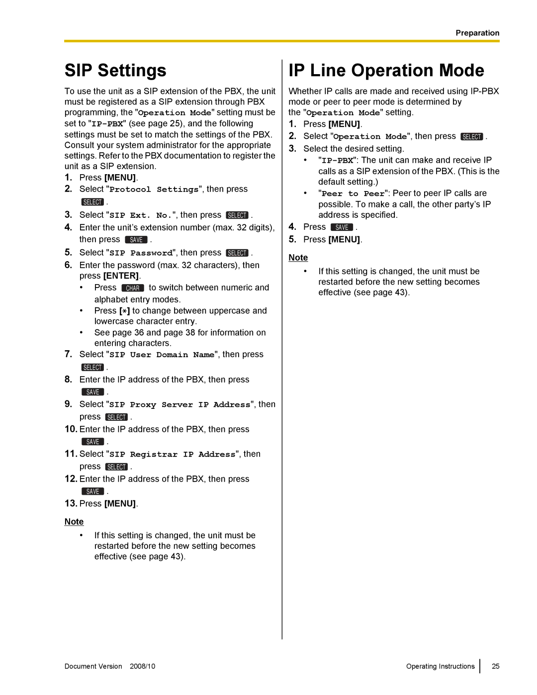 Panasonic KX-NT700 operating instructions SIP Settings, IP Line Operation Mode 