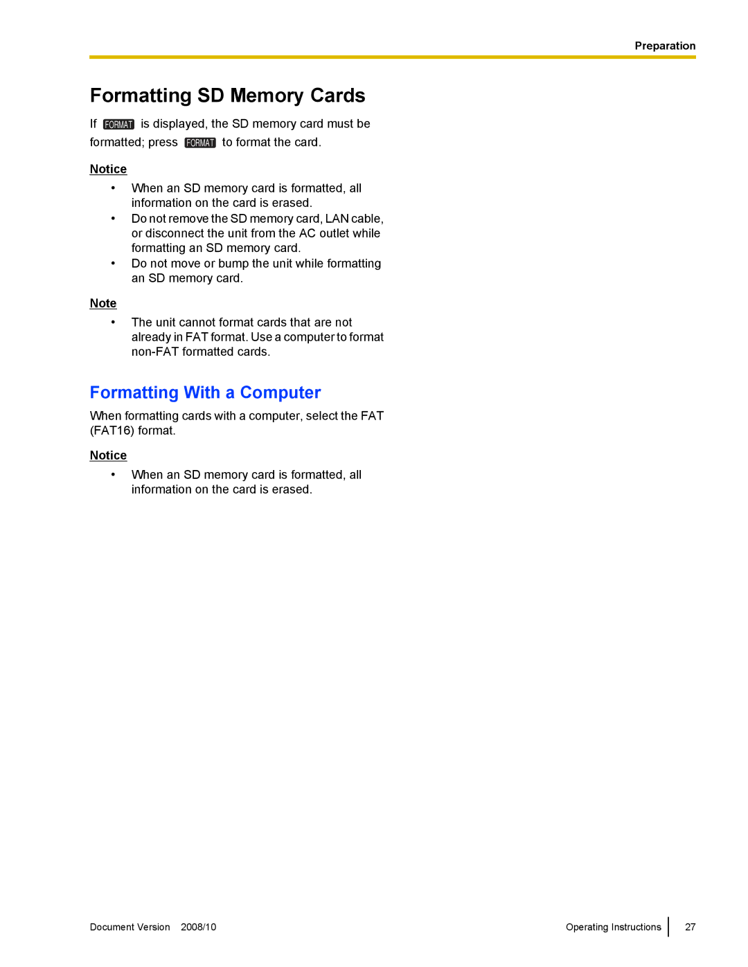 Panasonic KX-NT700 operating instructions Formatting SD Memory Cards, Formatting With a Computer 