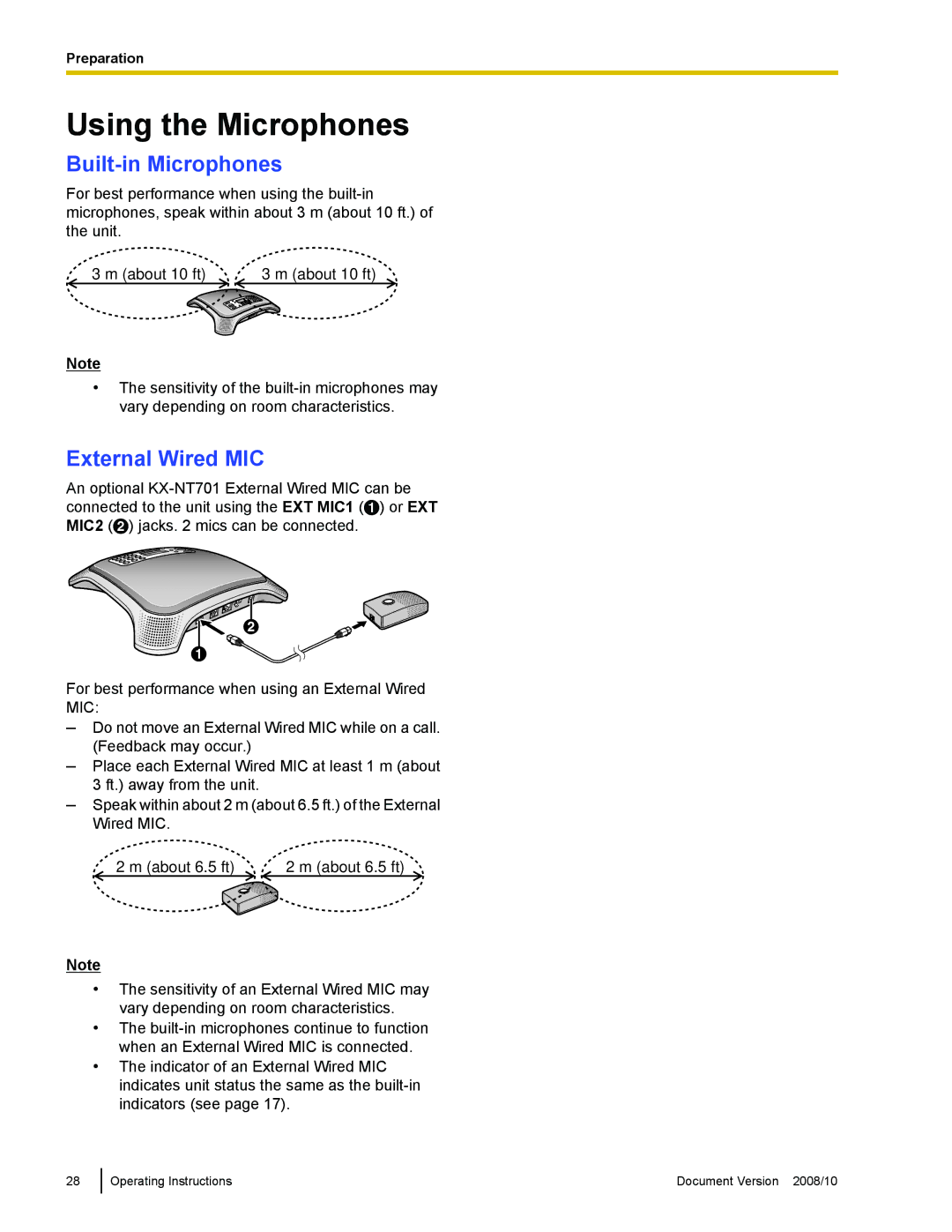 Panasonic KX-NT700 operating instructions Using the Microphones, Built-in Microphones, External Wired MIC 