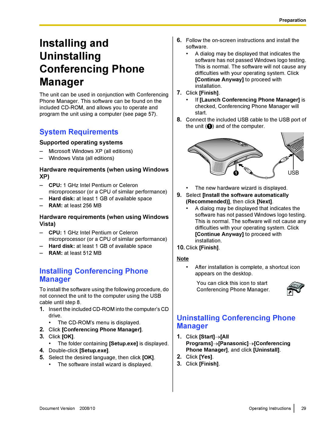 Panasonic KX-NT700 operating instructions Installing Uninstalling Conferencing Phone Manager, System Requirements 