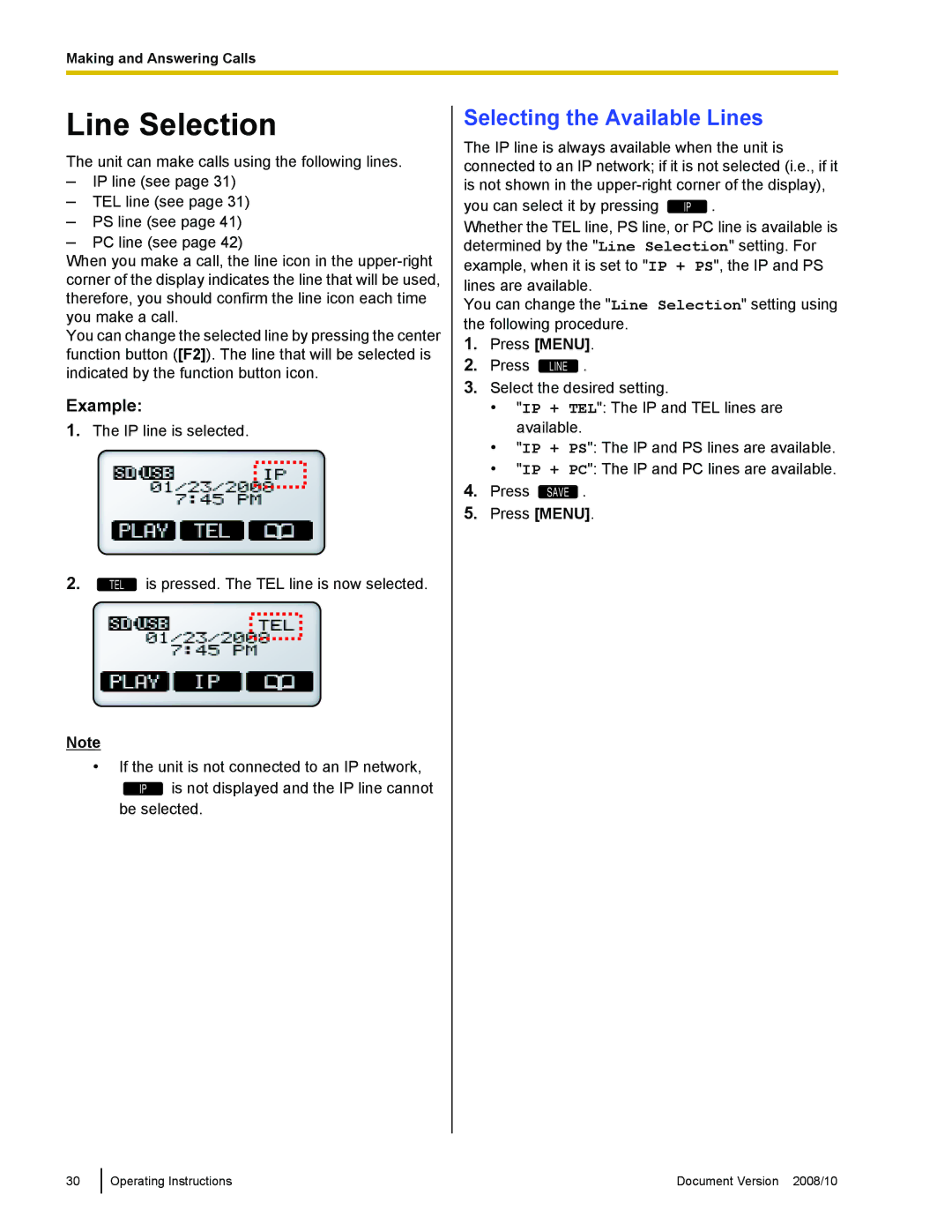 Panasonic KX-NT700 operating instructions Line Selection, Example 