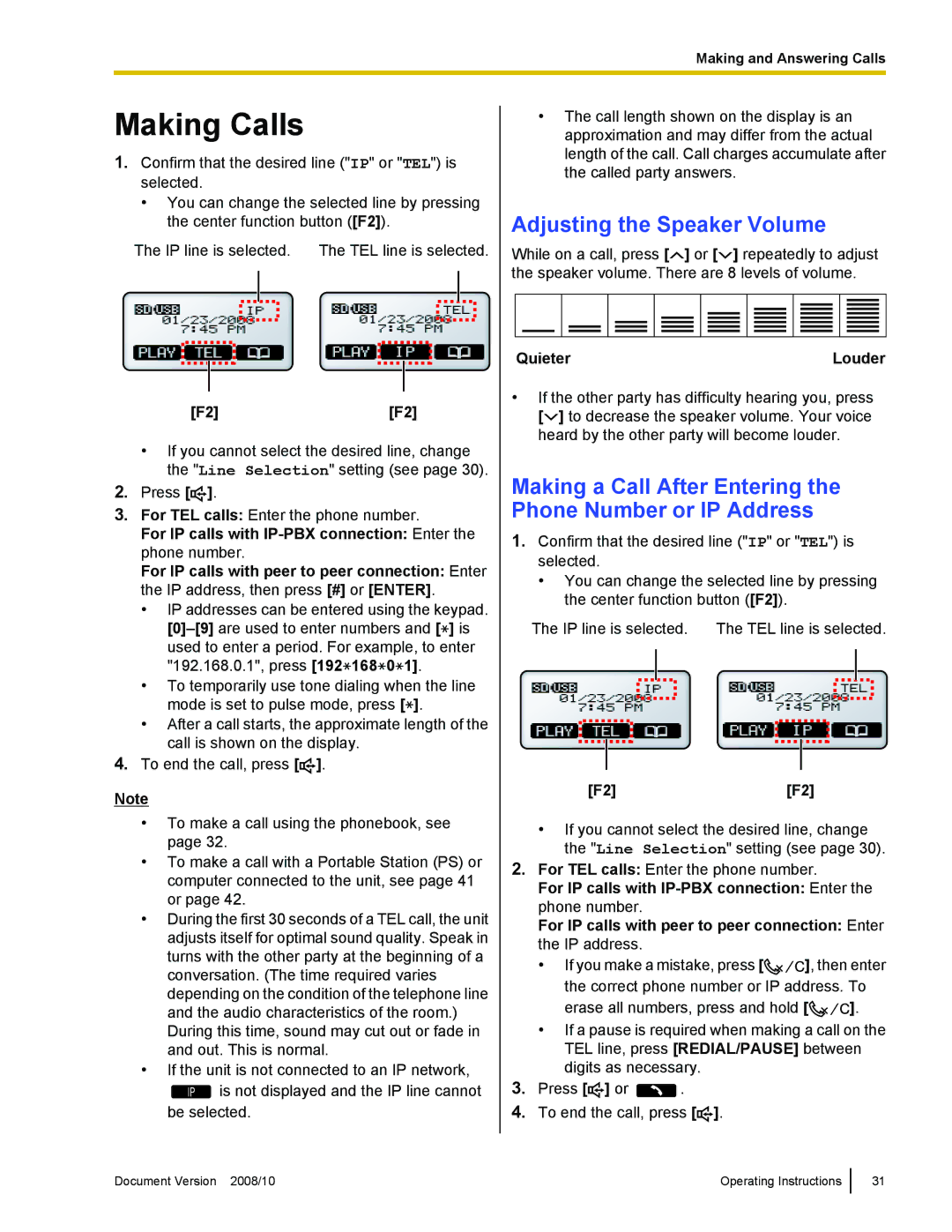 Panasonic KX-NT700 operating instructions Making Calls, Adjusting the Speaker Volume, F2F2, Quieter Louder 