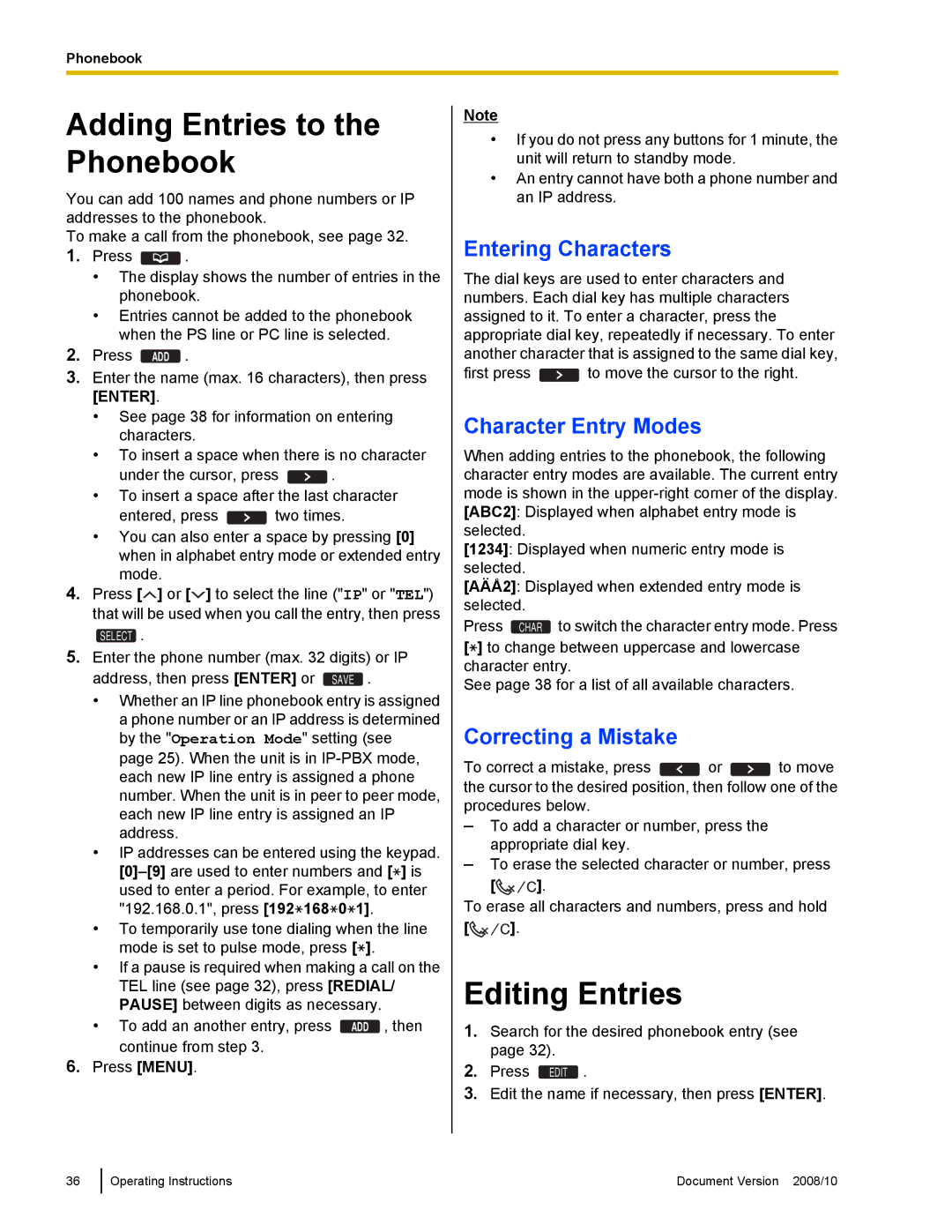 Panasonic KX-NT700 Adding Entries to the Phonebook, Editing Entries, Entering Characters, Character Entry Modes 