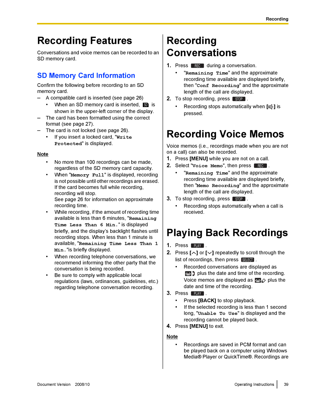 Panasonic KX-NT700 Recording Features, Recording Conversations, Recording Voice Memos, Playing Back Recordings 