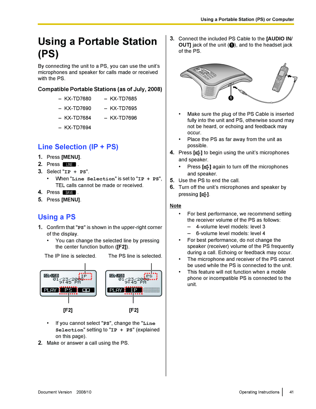 Panasonic KX-NT700 operating instructions Using a Portable Station PS, Line Selection IP + PS, Using a PS 