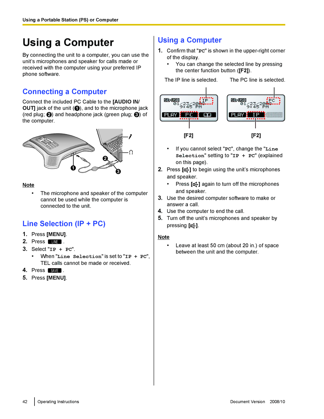 Panasonic KX-NT700 operating instructions Using a Computer, Connecting a Computer, Line Selection IP + PC 