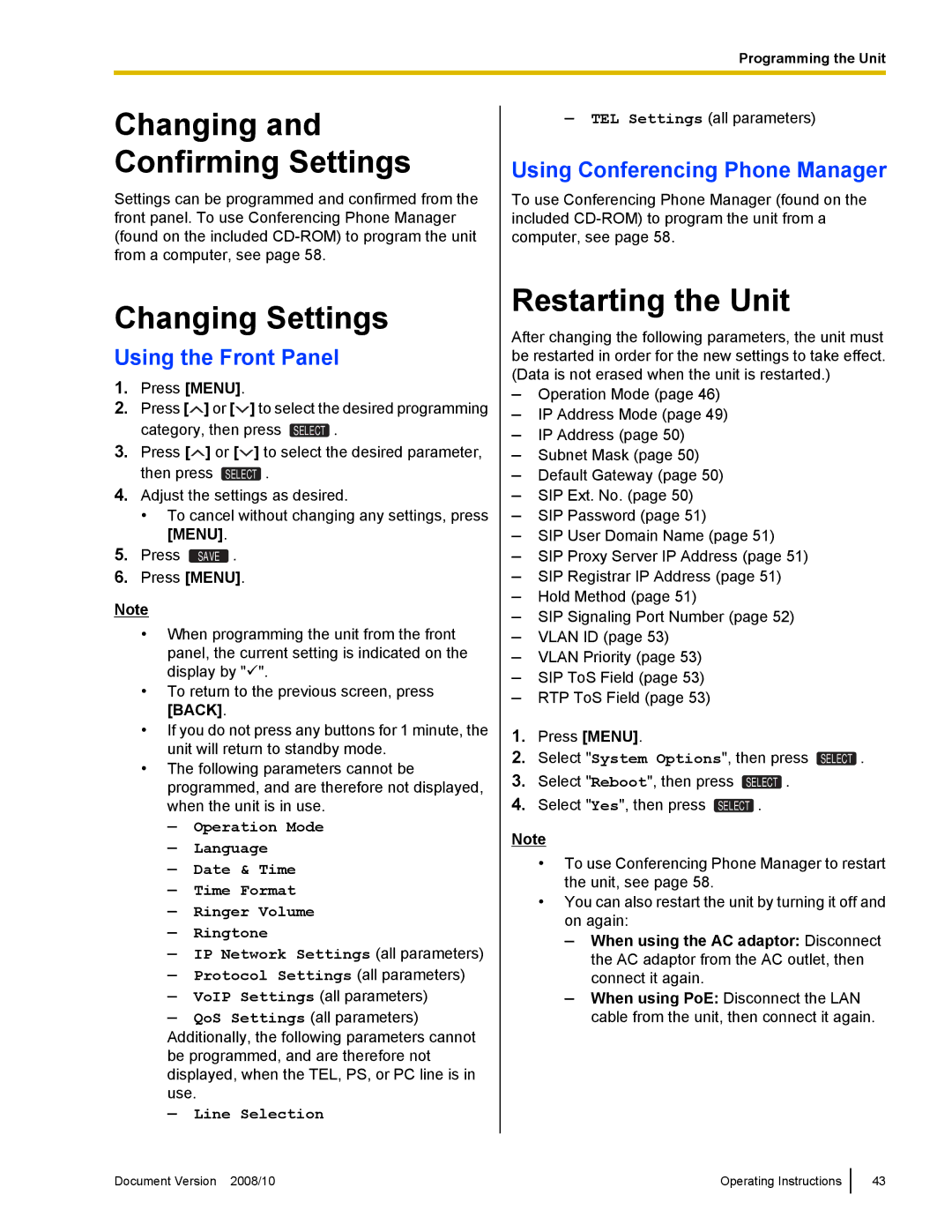 Panasonic KX-NT700 Changing Settings, Restarting the Unit, Using the Front Panel, Using Conferencing Phone Manager 