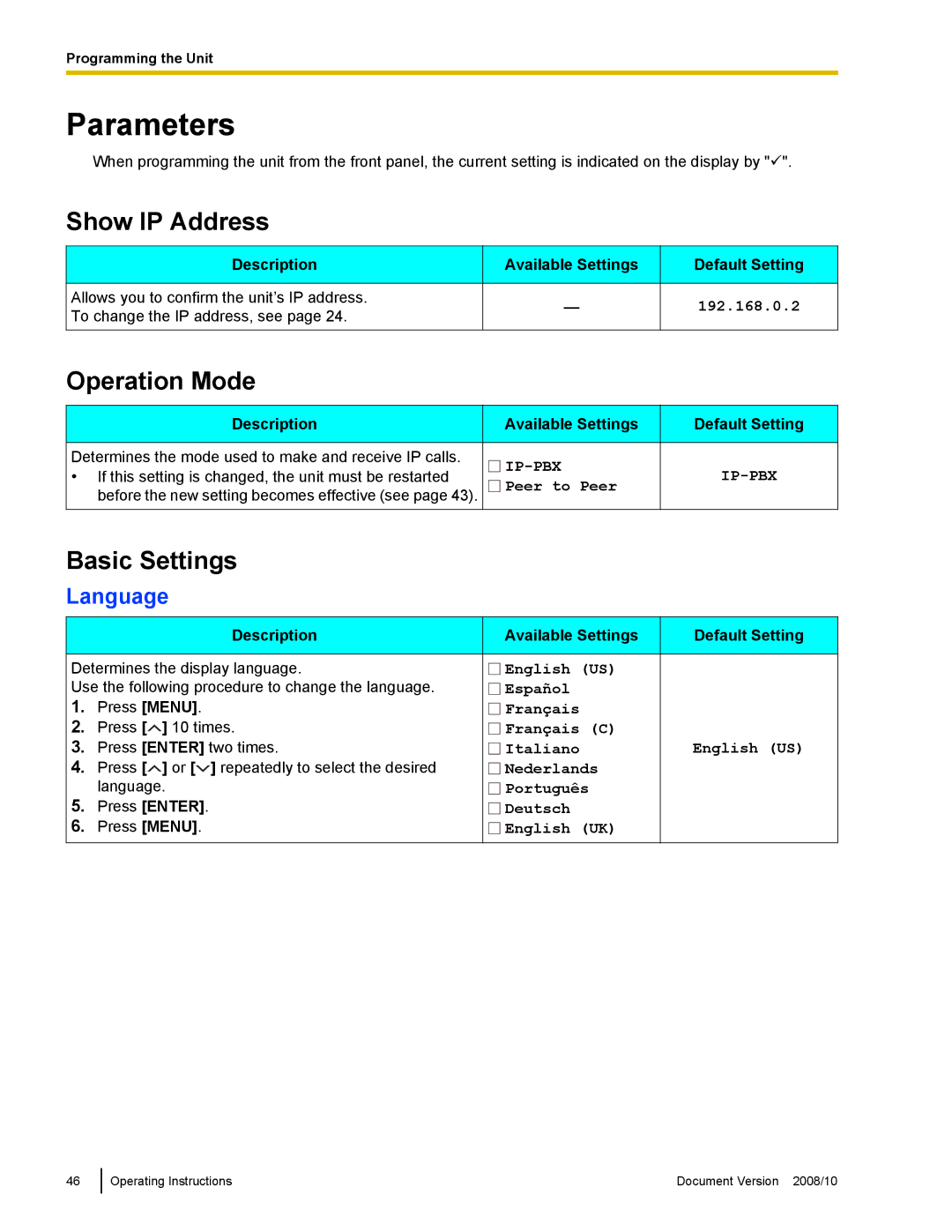 Panasonic KX-NT700 operating instructions Parameters, Show IP Address, Operation Mode, Basic Settings, Language 