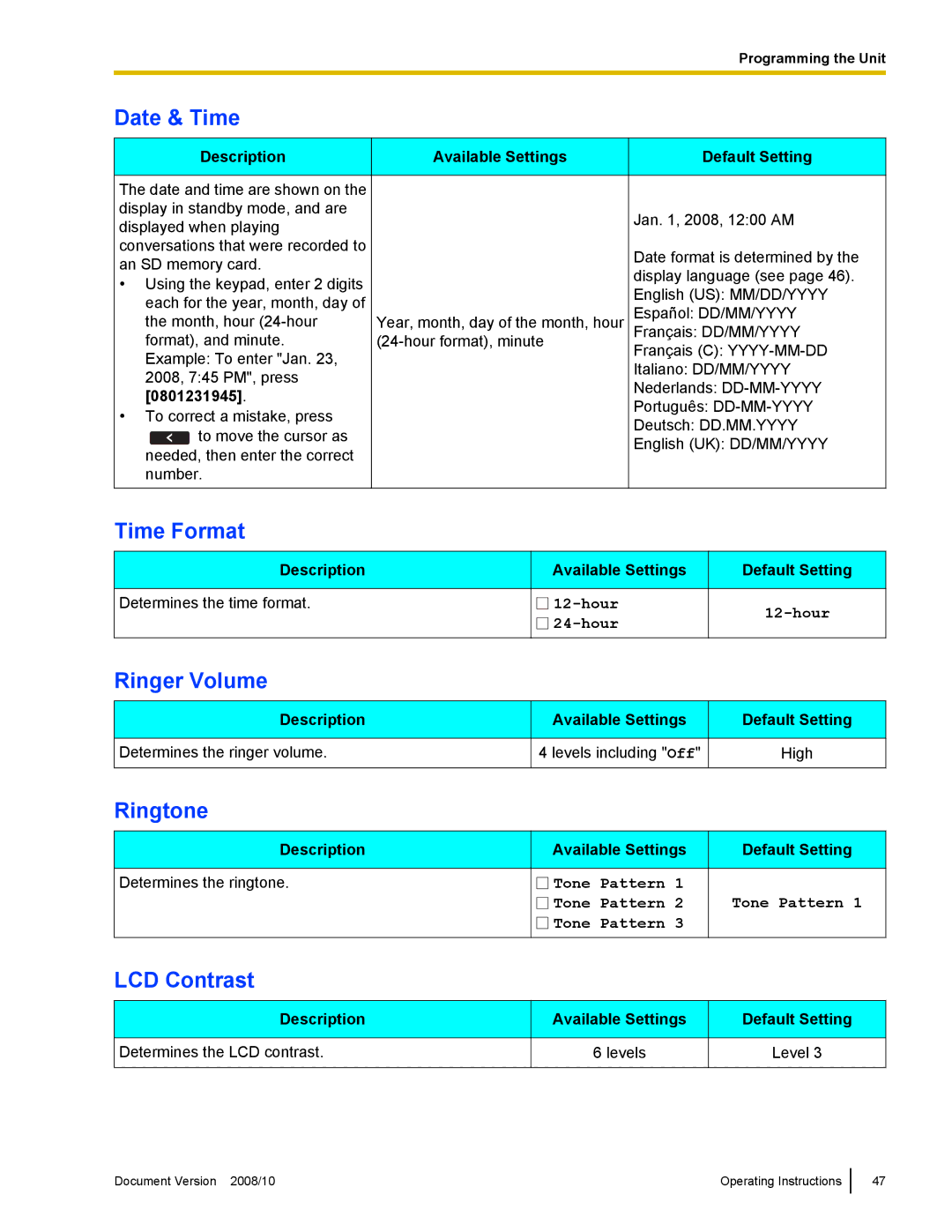 Panasonic KX-NT700 operating instructions Date & Time, Time Format, Ringer Volume, Ringtone, LCD Contrast 