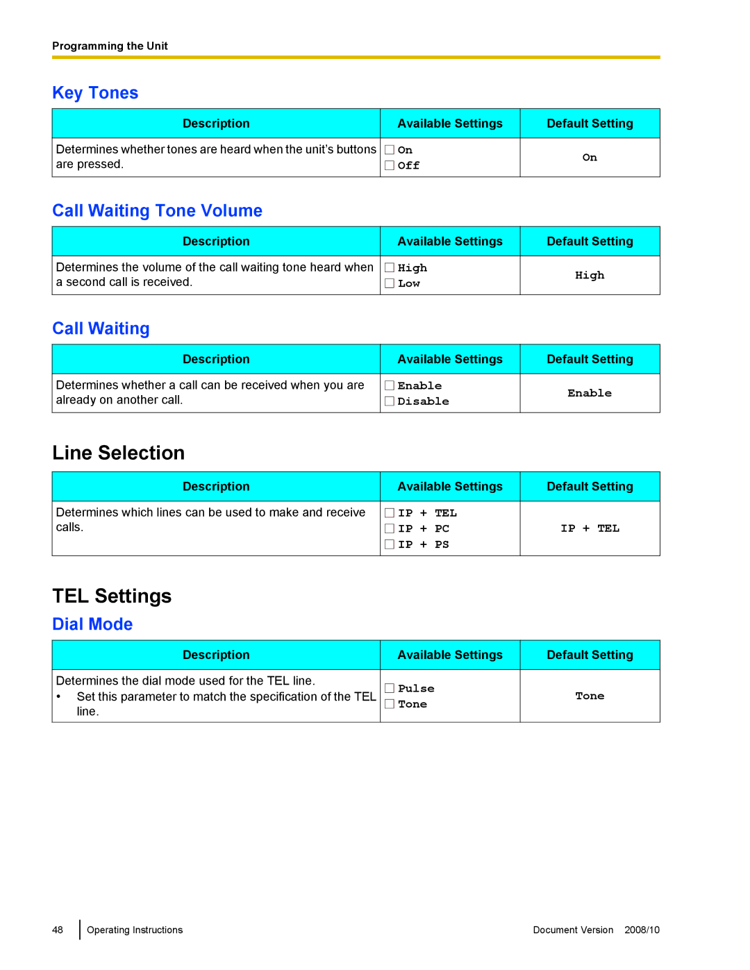 Panasonic KX-NT700 operating instructions Line Selection, TEL Settings 