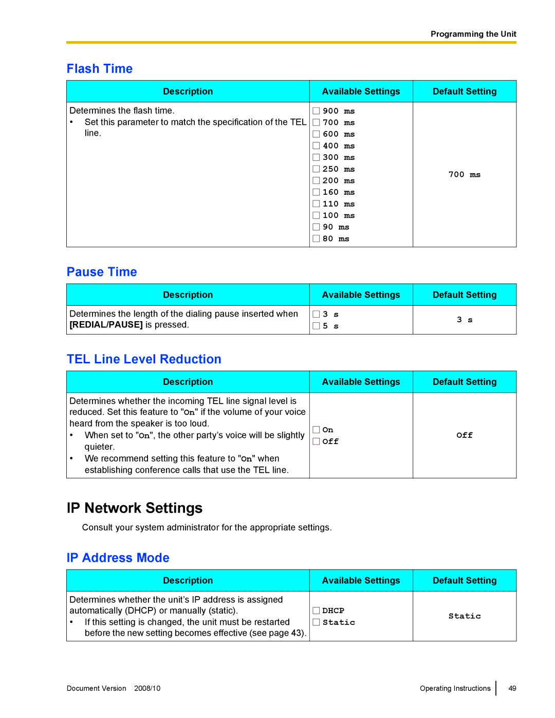 Panasonic KX-NT700 IP Network Settings, Flash Time, Pause Time, TEL Line Level Reduction, IP Address Mode 