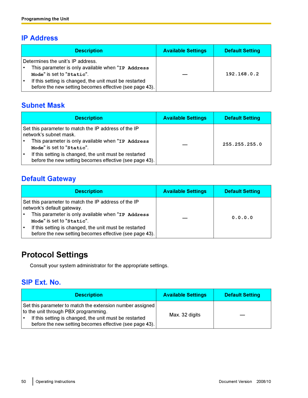 Panasonic KX-NT700 operating instructions Protocol Settings, IP Address, Subnet Mask, Default Gateway, SIP Ext. No 