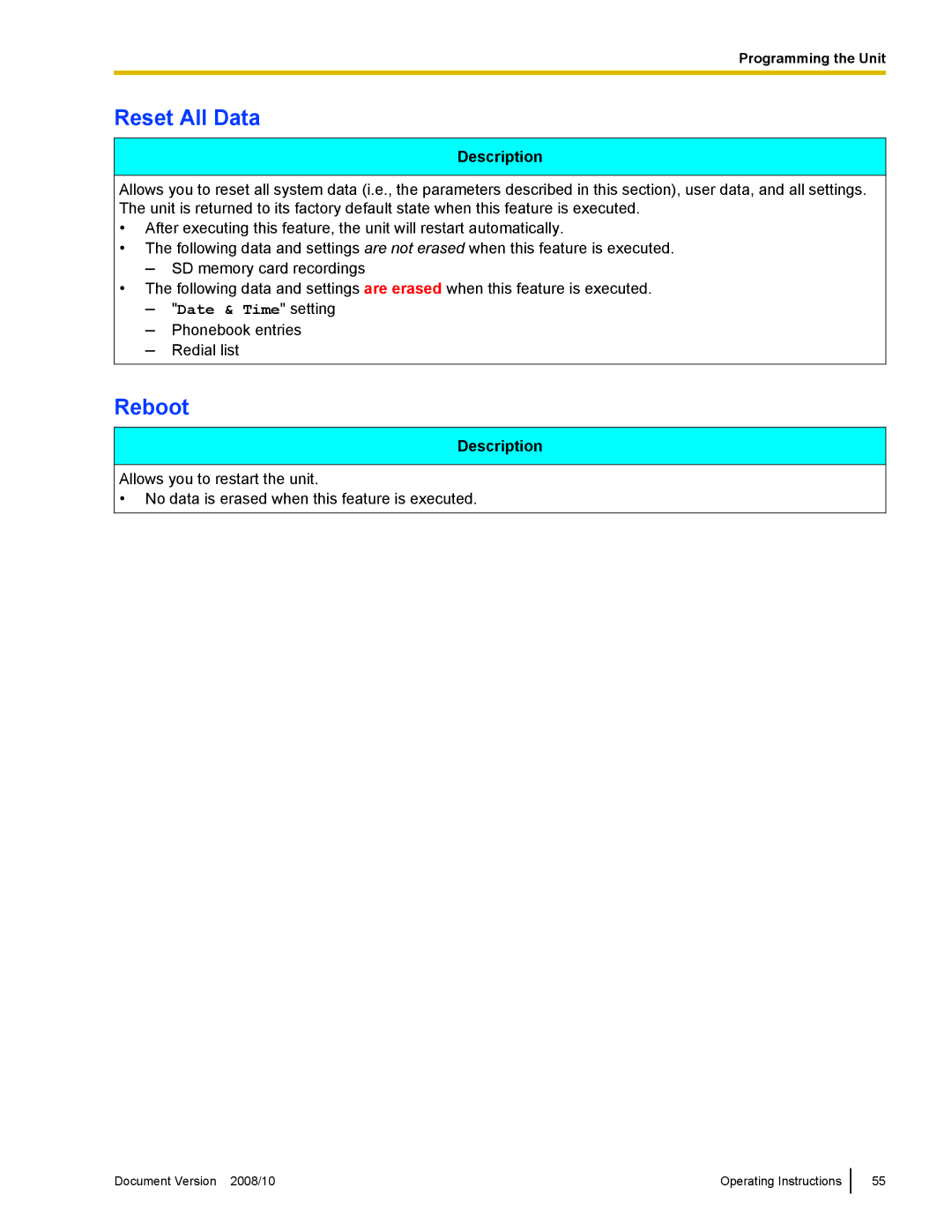 Panasonic KX-NT700 operating instructions Reset All Data, Reboot 