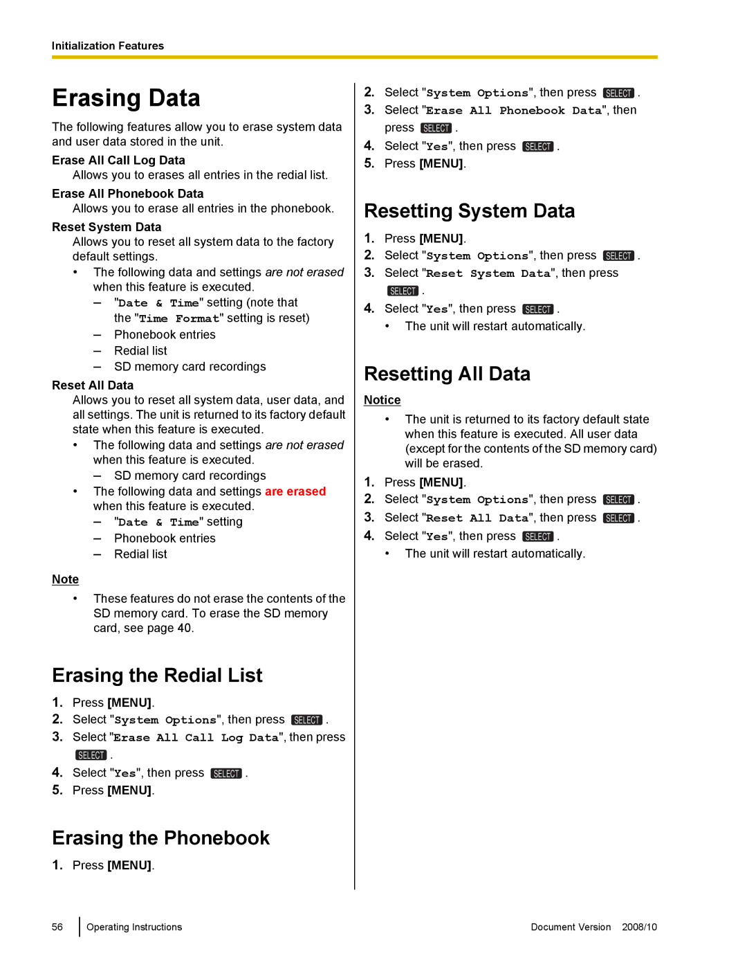 Panasonic KX-NT700 Erasing Data, Erasing the Redial List, Erasing the Phonebook, Resetting System Data, Resetting All Data 