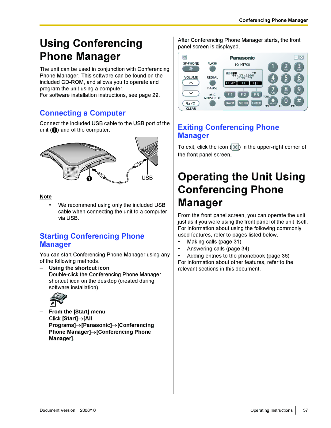 Panasonic KX-NT700 Operating the Unit Using Conferencing Phone Manager, Starting Conferencing Phone Manager 