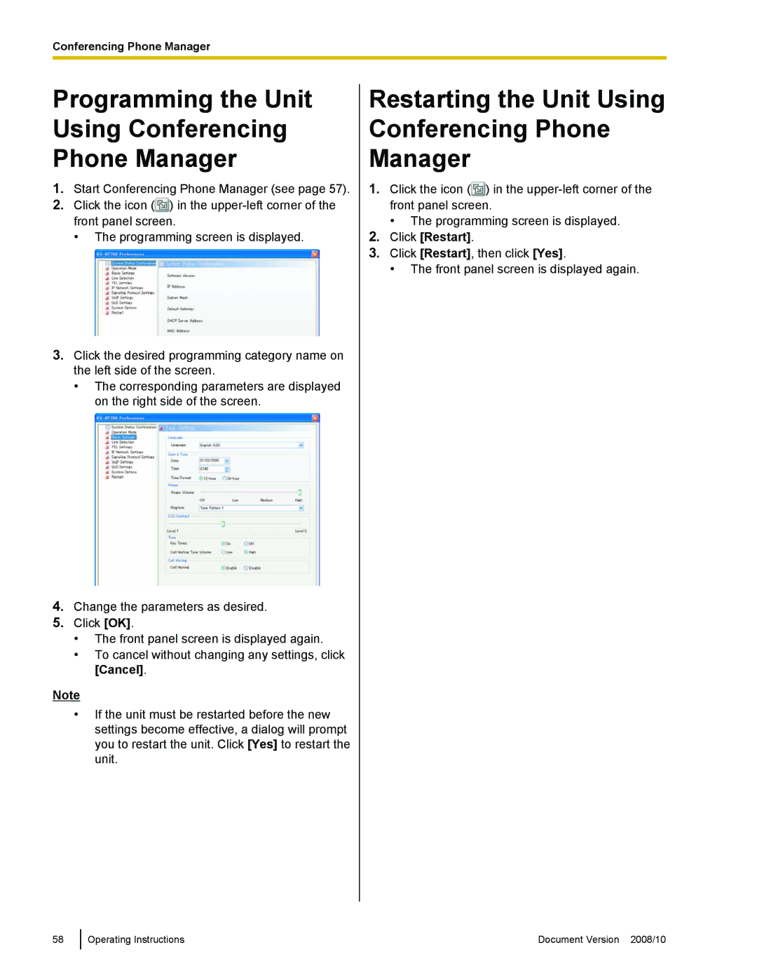 Panasonic KX-NT700 operating instructions Programming the Unit Using Conferencing Phone Manager, Click Restart 