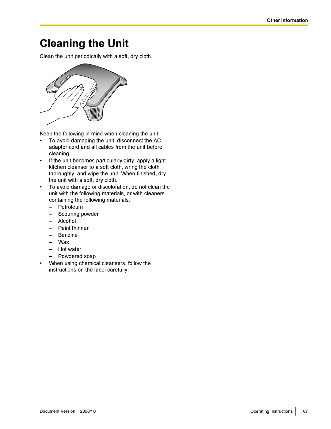 Panasonic KX-NT700 operating instructions Cleaning the Unit 