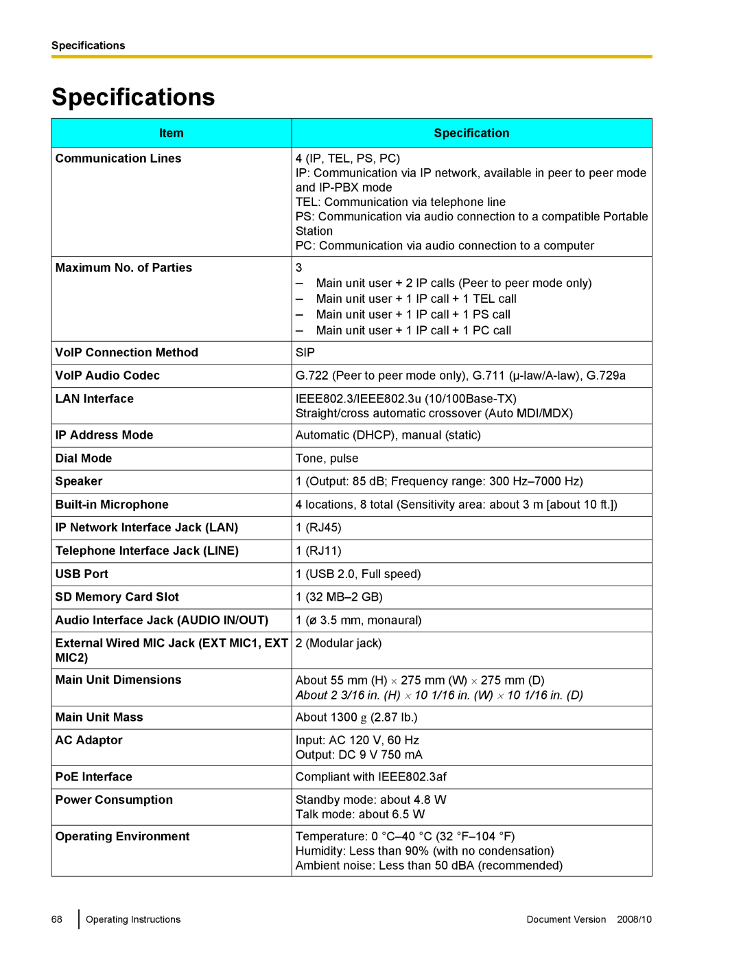 Panasonic KX-NT700 operating instructions Specifications, Sip 