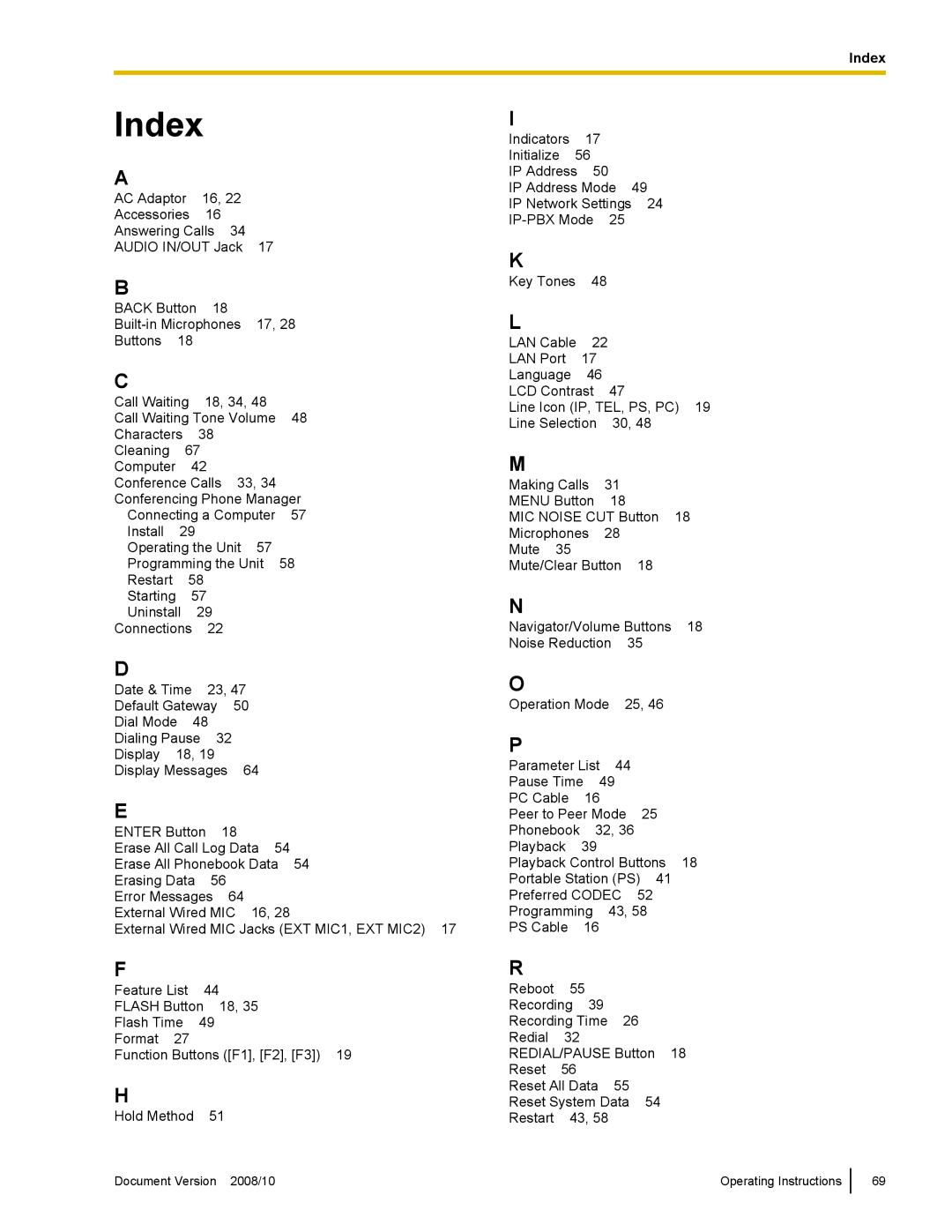 Panasonic KX-NT700 operating instructions Index 