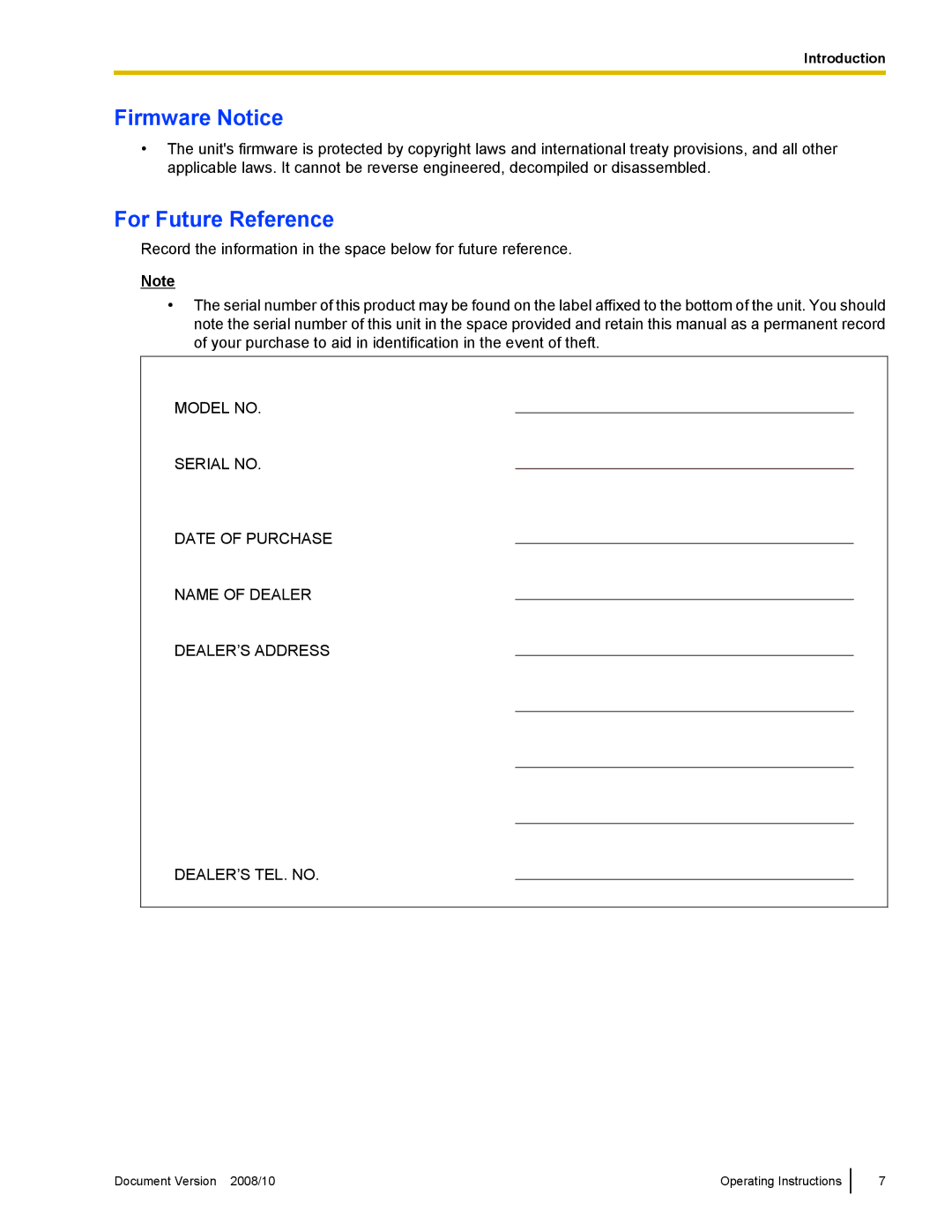 Panasonic KX-NT700 operating instructions Firmware Notice, For Future Reference 