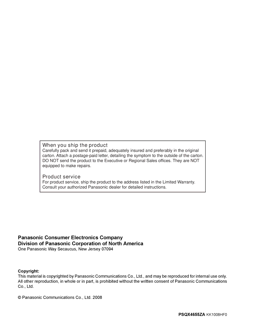 Panasonic KX-NT700 operating instructions When you ship the product, Copyright PSQX4655ZA KK1008HF0 