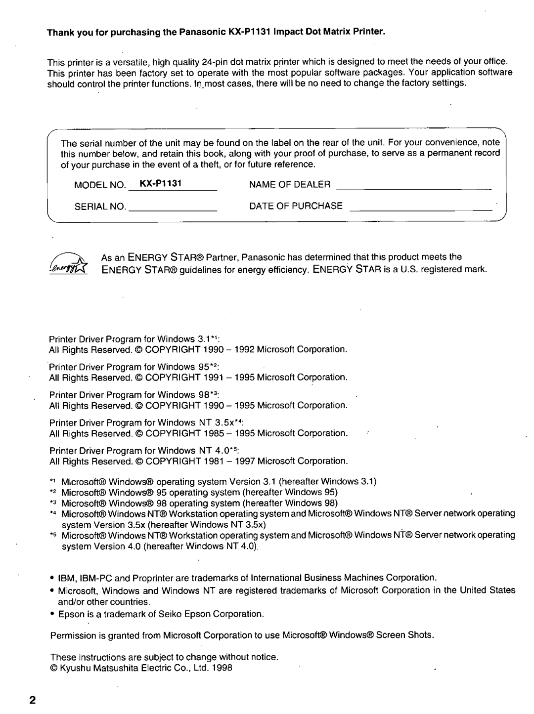 Panasonic KX-P1131 manual 