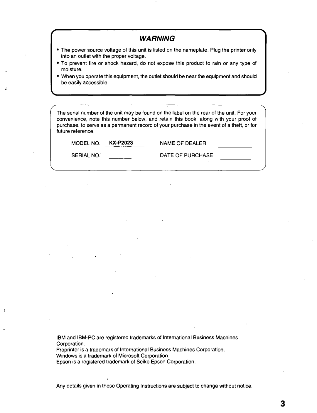 Panasonic KX-P2023 manual 