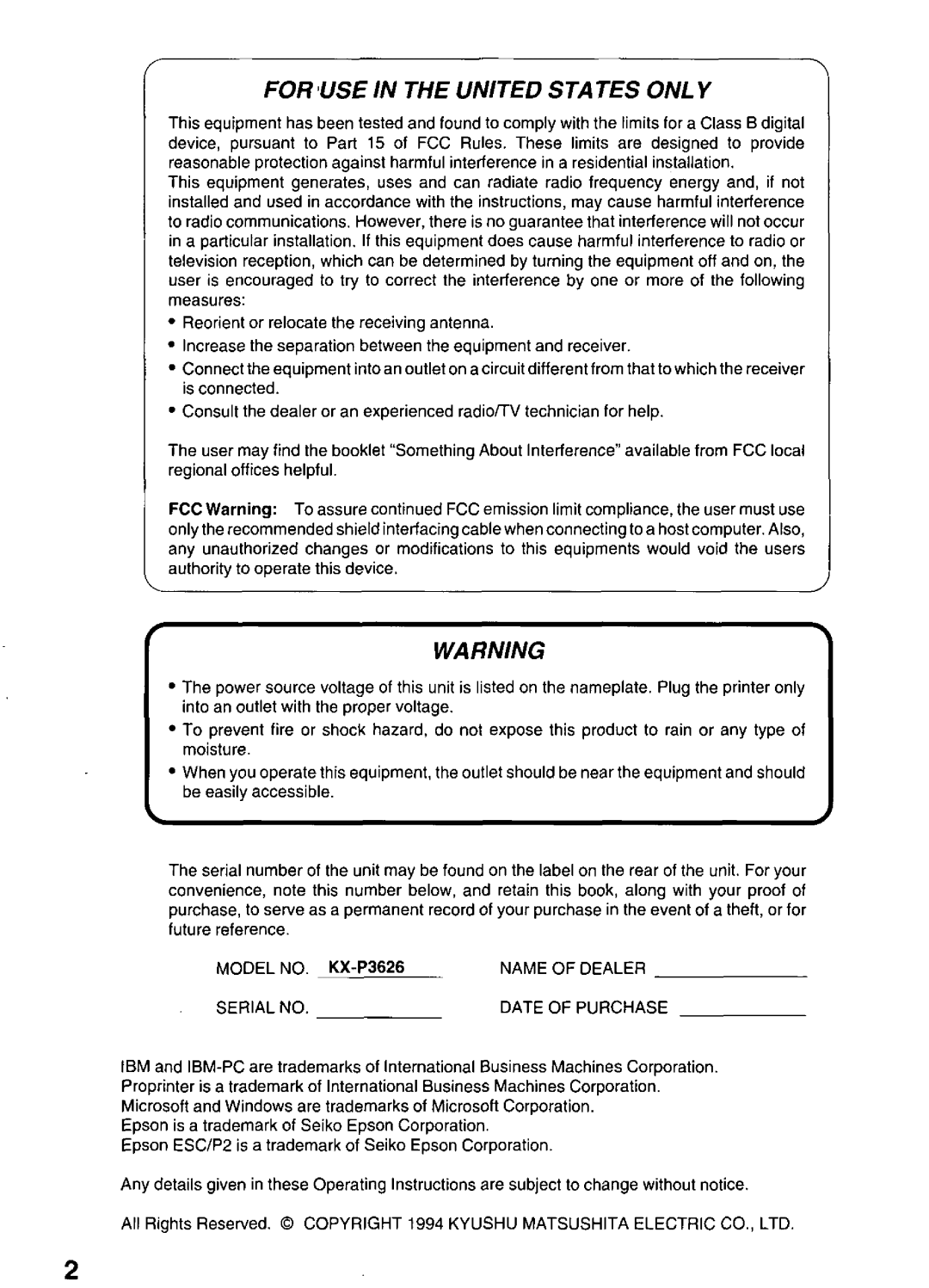 Panasonic KX-P3626 manual 