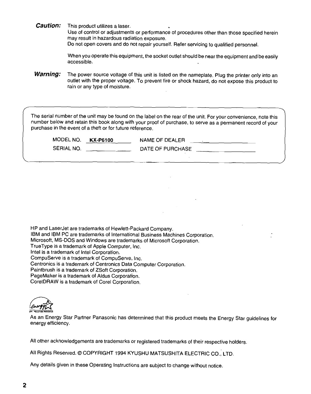 Panasonic KX-P6100 manual 