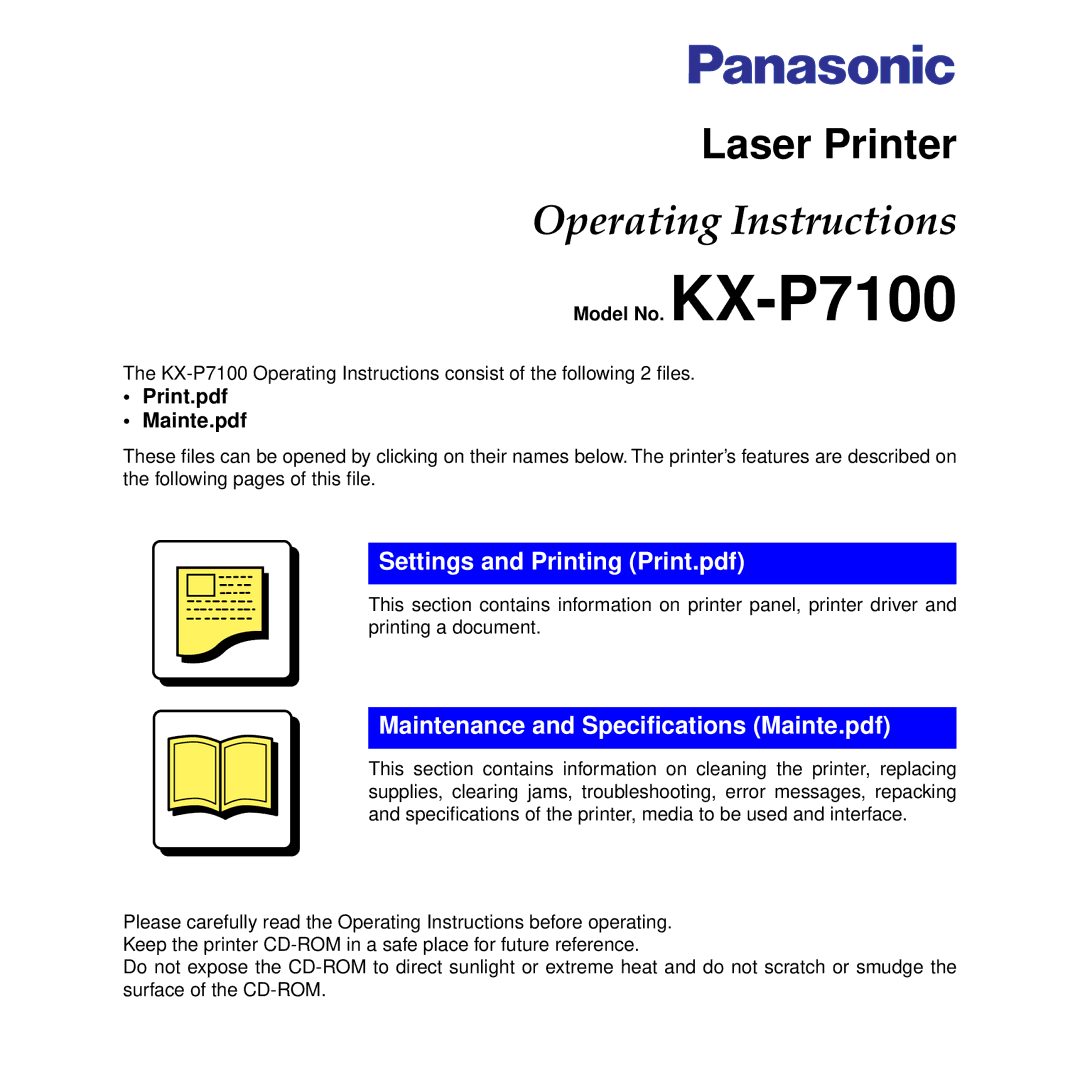 Panasonic specifications Laser Printer, Operating Instructions, Model No. KX-P7100 