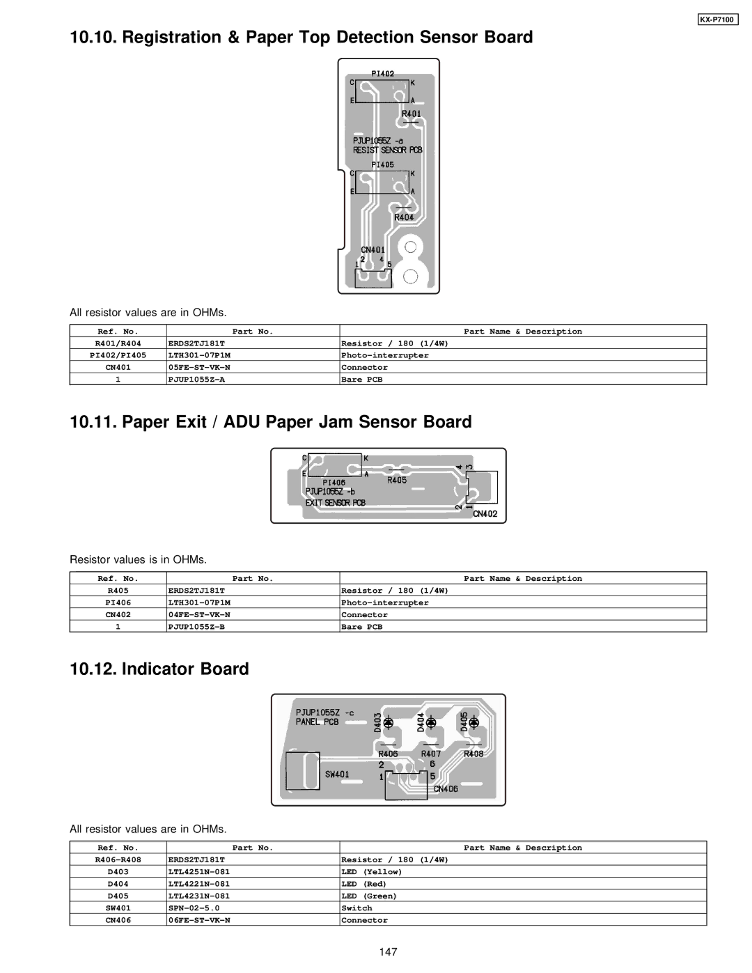 Panasonic KX-P7100 manual Registration & Paper Top Detection Sensor Board, Resistor values is in OHMs 