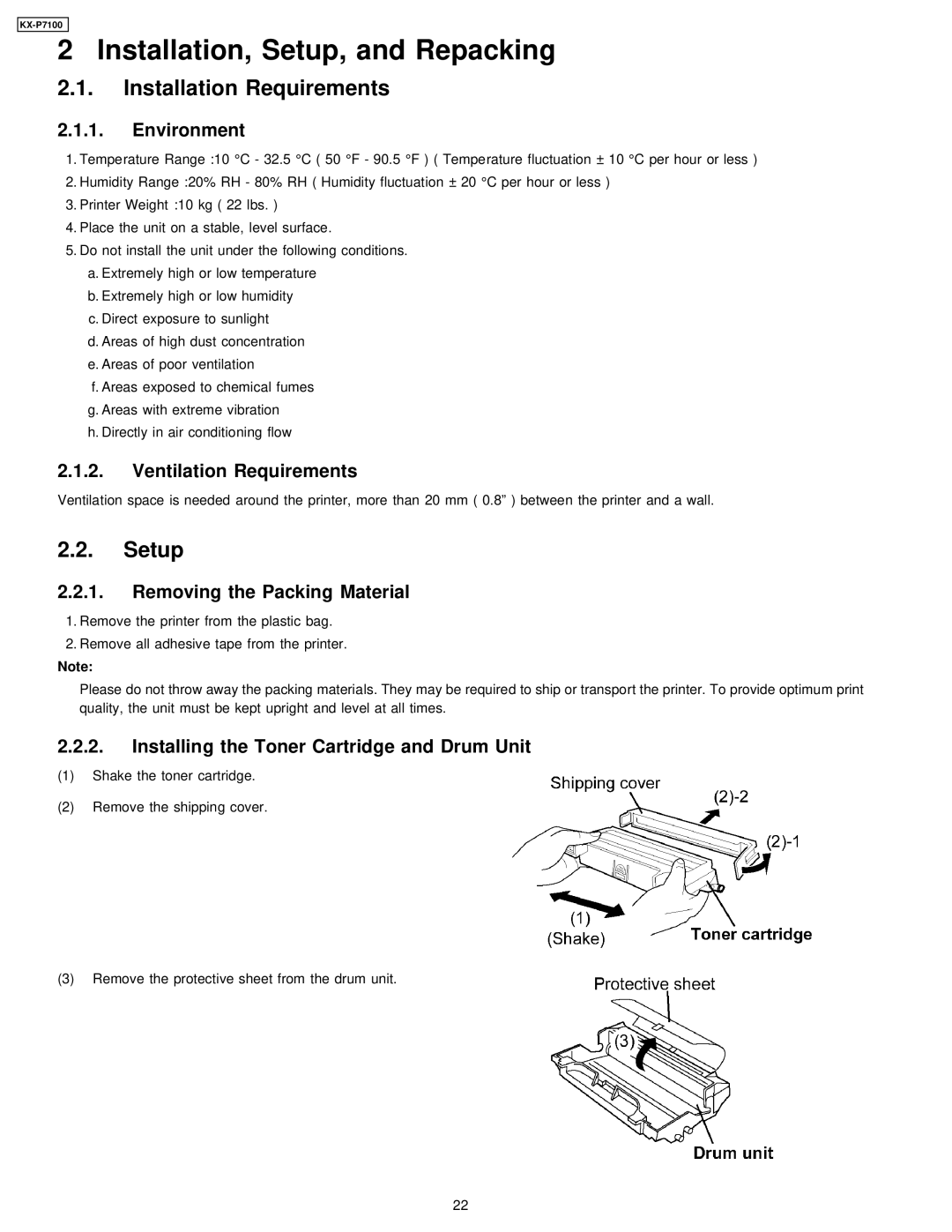 Panasonic KX-P7100 manual Installation Requirements, Setup 