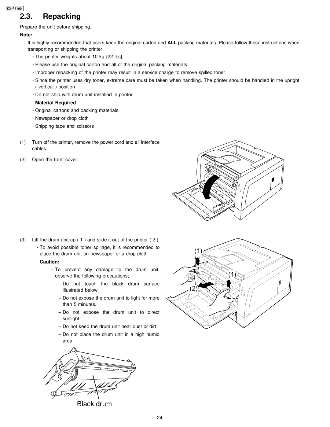 Panasonic KX-P7100 manual Repacking, Material Required 