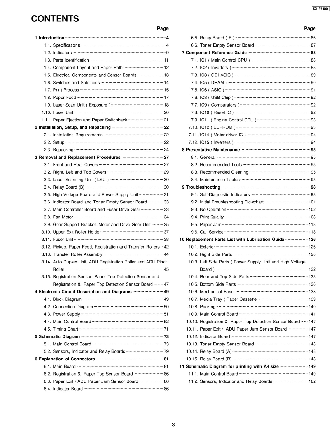 Panasonic KX-P7100 manual Contents 