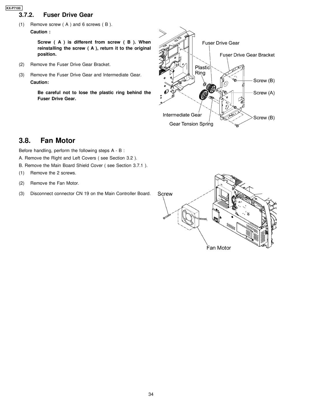 Panasonic KX-P7100 manual Fan Motor, Fuser Drive Gear 