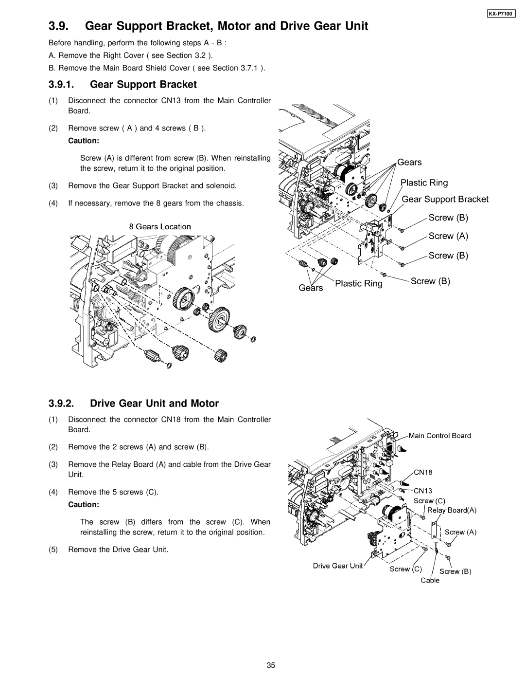 Panasonic KX-P7100 manual Gear Support Bracket, Motor and Drive Gear Unit, Drive Gear Unit and Motor 