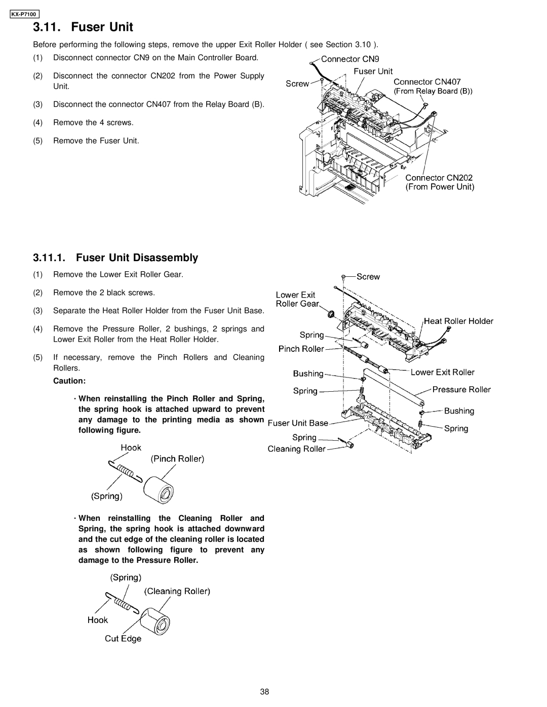 Panasonic KX-P7100 manual Fuser Unit Disassembly 