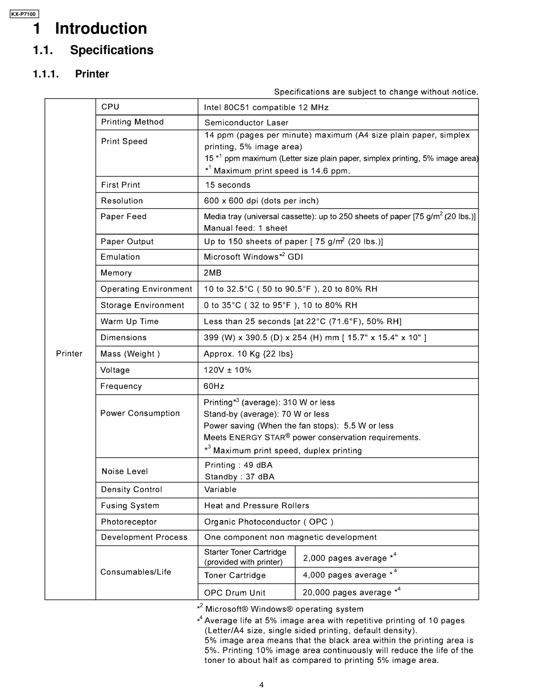 Panasonic KX-P7100 manual Specifications, Printer 