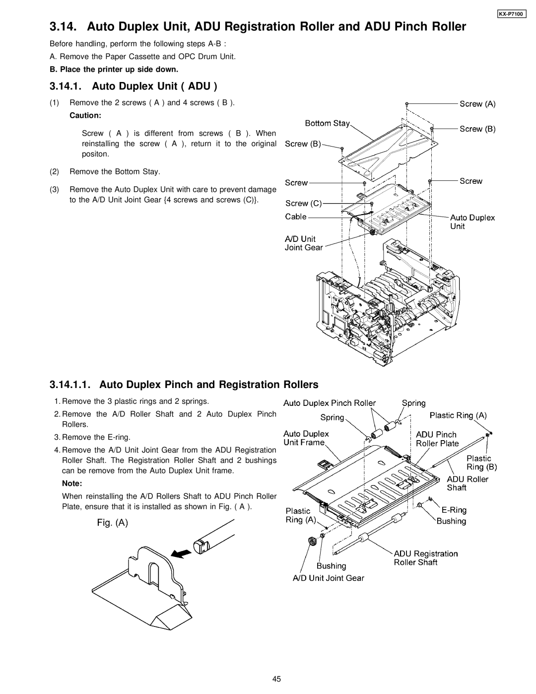 Panasonic KX-P7100 manual Auto Duplex Unit ADU, Auto Duplex Pinch and Registration Rollers 