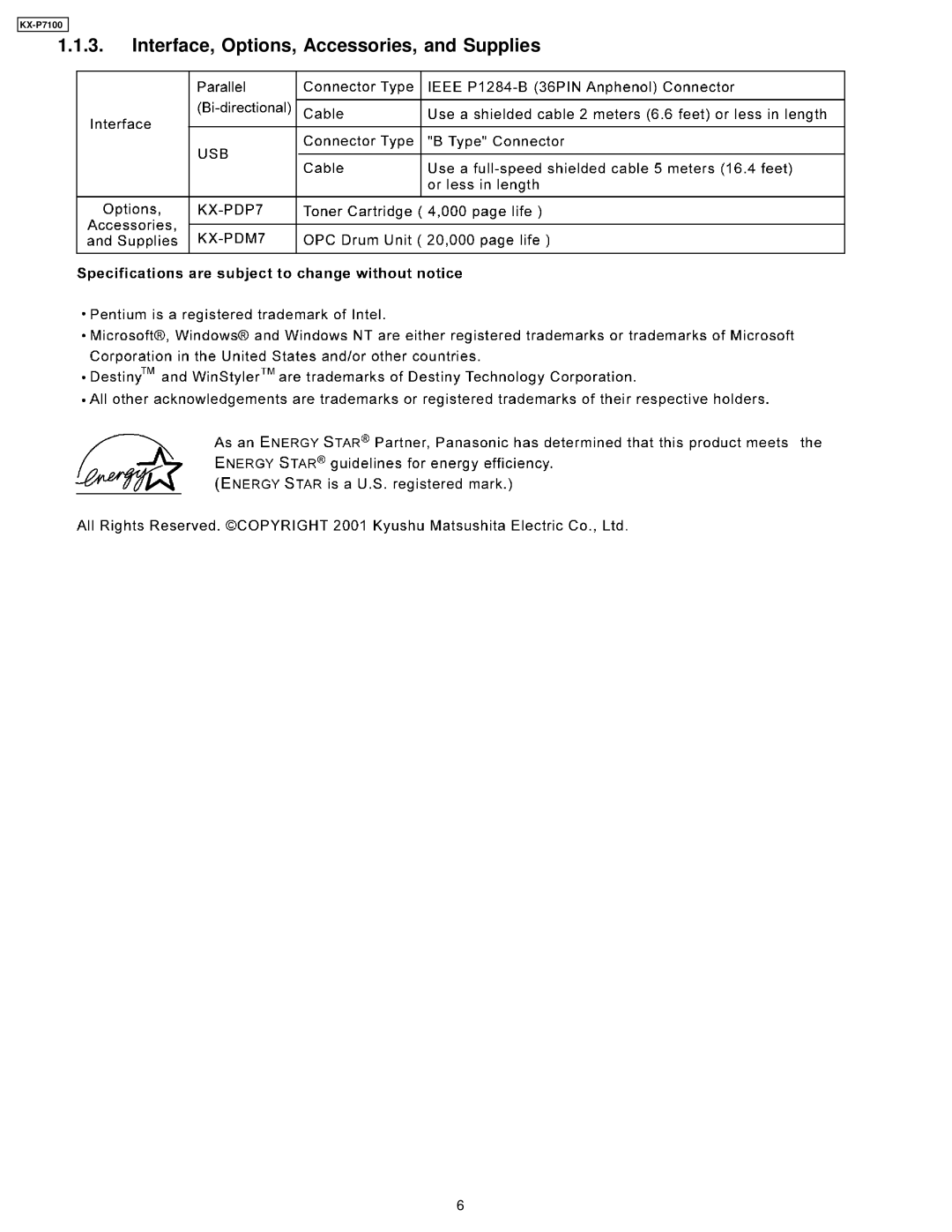 Panasonic KX-P7100 manual Interface, Options, Accessories, and Supplies 