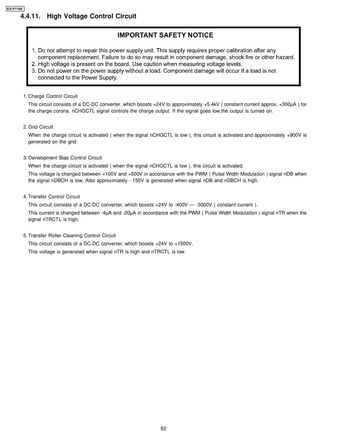 Panasonic KX-P7100 manual High Voltage Control Circuit 