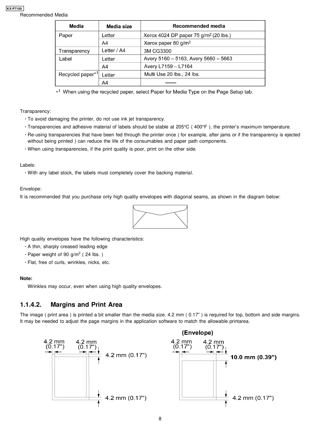 Panasonic KX-P7100 manual Margins and Print Area 