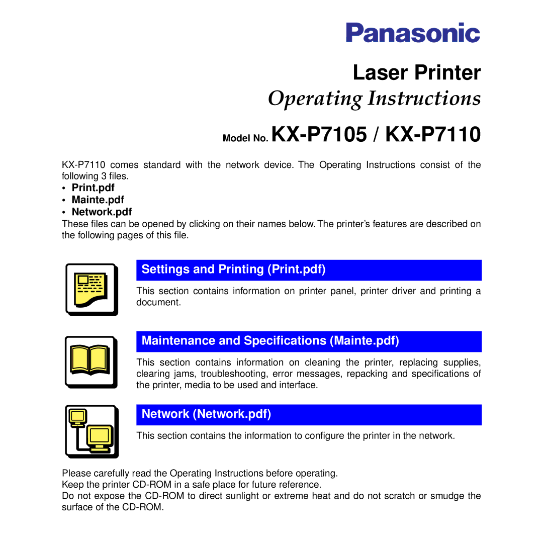 Panasonic KX-P7105 operating instructions Laser Printer 