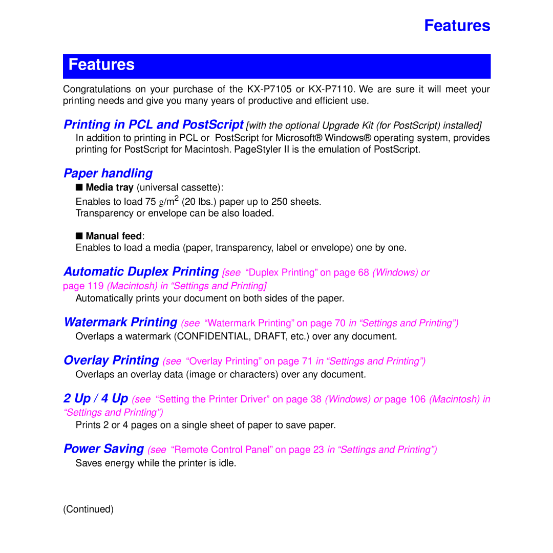 Panasonic KX-P7105 operating instructions Features, Paper handling 