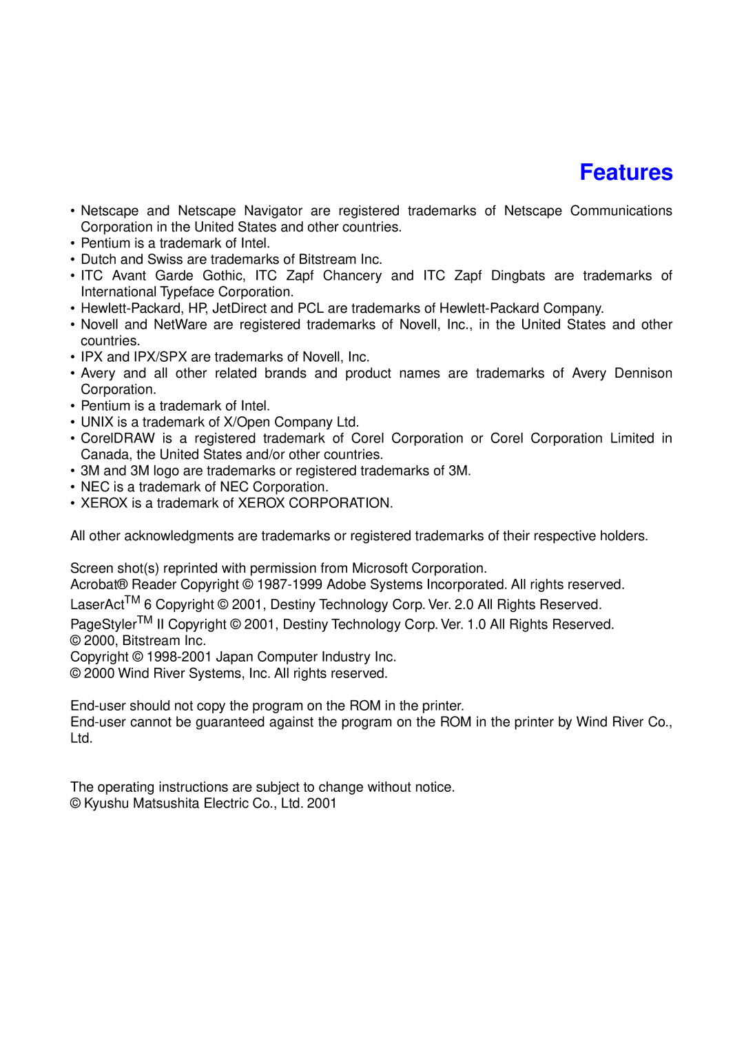 Panasonic KX-P7105 operating instructions Features 