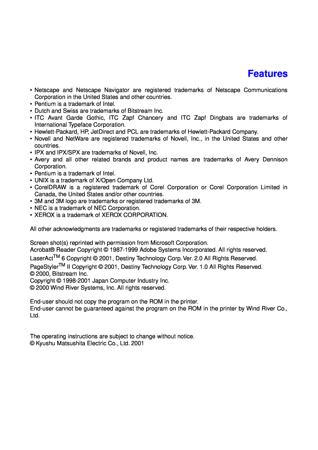 Panasonic KX-P7105 operating instructions Features 