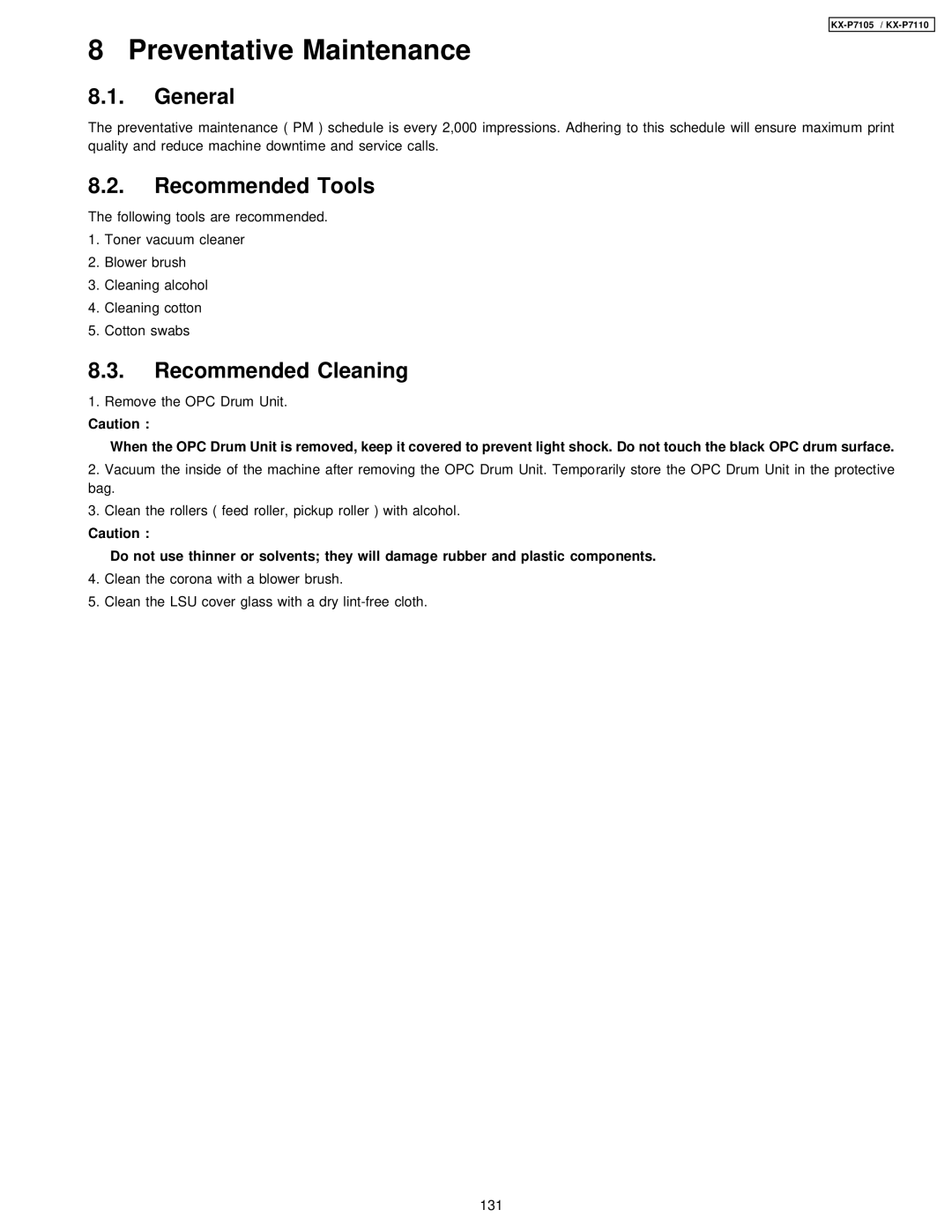 Panasonic KX-P7105, KX-P7110 manual General, Recommended Tools, Recommended Cleaning 