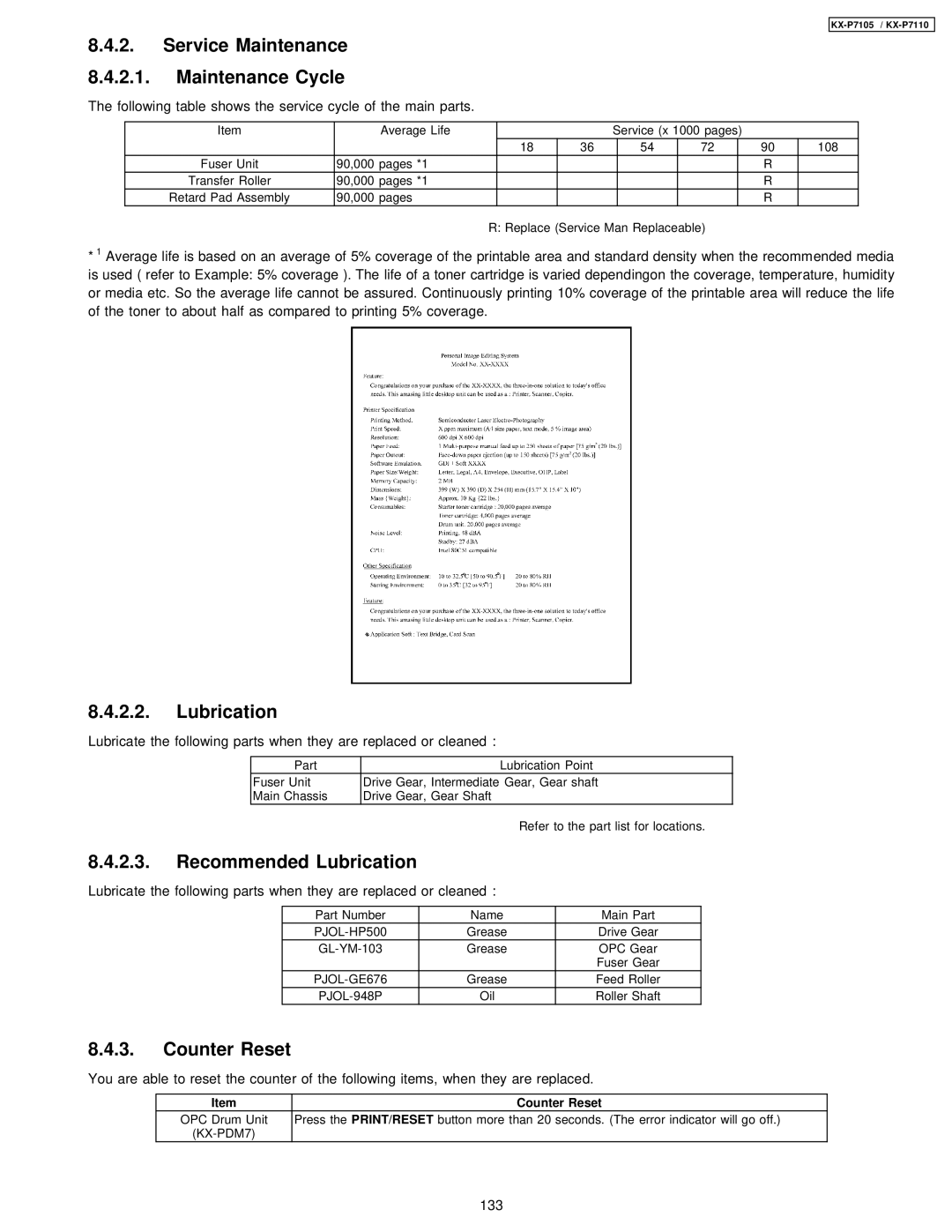 Panasonic KX-P7105, KX-P7110 manual Service Maintenance Maintenance Cycle, Recommended Lubrication, Counter Reset 